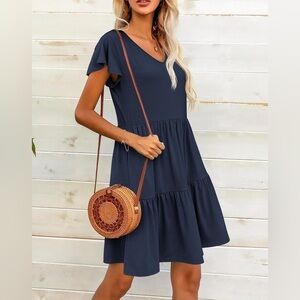 Casual Tiered Dress with Pockets V Neck Ruffle Dress Size Large